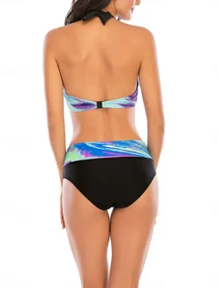 Women's Swimwear Bikini 2 Piece Cheeky Swimsuit Backless Slim Vacation Beach Wear Ombre V Neck Sleeveless Bathing Suits