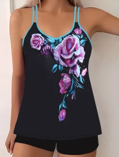 Women's Swimwear Bikini 2 Piece Boy Leg Swimsuit Backless Slim Vacation Beach Wear Floral U Neck Sleeveless Bathing Suits