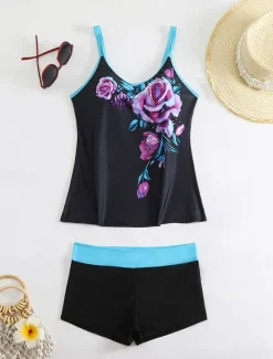 Women's Swimwear Bikini 2 Piece Boy Leg Swimsuit Backless Slim Vacation Beach Wear Floral U Neck Sleeveless Bathing Suits