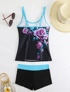 Women's Swimwear Bikini 2 Piece Boy Leg Swimsuit Backless Slim Vacation Beach Wear Floral U Neck Sleeveless Bathing Suits