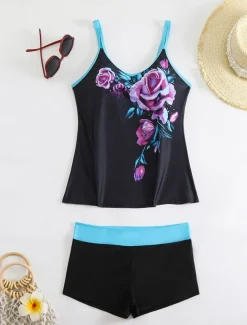 Women's Swimwear Bikini 2 Piece Boy Leg Swimsuit Backless Slim Vacation Beach Wear Floral U Neck Sleeveless Bathing Suits