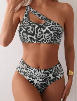 Women's Swimwear Bikini 2 Piece Cheeky Swimsuit Backless Slim Vacation Beach Wear Leopard Asymmetric Neck Sleeveless Bathing Suits