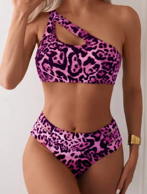 Women's Swimwear Bikini 2 Piece Cheeky Swimsuit Backless Slim Vacation Beach Wear Leopard Asymmetric Neck Sleeveless Bathing Suits
