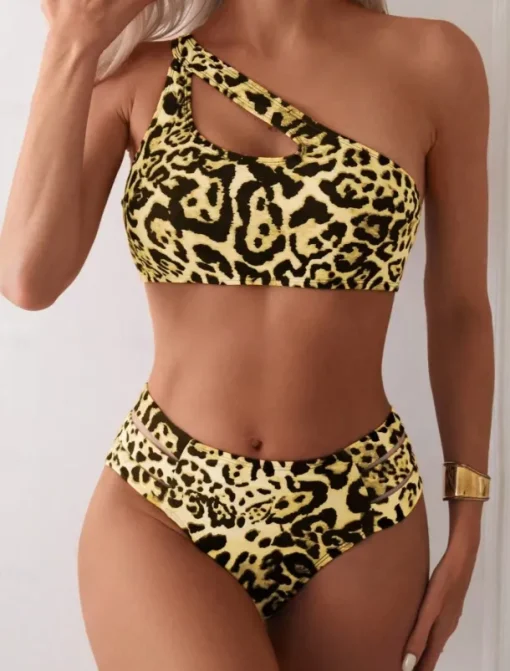 Women's Swimwear Bikini 2 Piece Cheeky Swimsuit Backless Slim Vacation Beach Wear Leopard Asymmetric Neck Sleeveless Bathing Suits