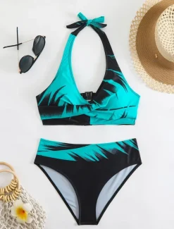 Women's Swimwear Bikini 2 Piece Cheeky Swimsuit Backless Slim Vacation Beach Wear Graphic V Neck Sleeveless Bathing Suits