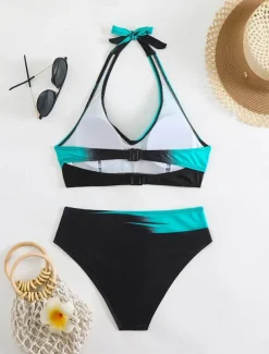 Women's Swimwear Bikini 2 Piece Cheeky Swimsuit Backless Slim Vacation Beach Wear Graphic V Neck Sleeveless Bathing Suits