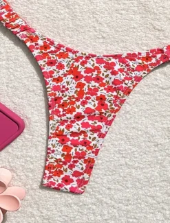 Women's Swimwear Bikini 2 Piece Thong Swimsuit Backless Slim Vacation Beach Wear Floral V Neck Sleeveless Bathing Suits