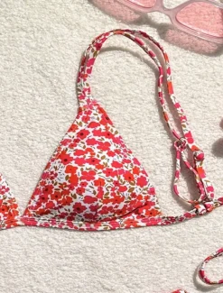 Women's Swimwear Bikini 2 Piece Thong Swimsuit Backless Slim Vacation Beach Wear Floral V Neck Sleeveless Bathing Suits