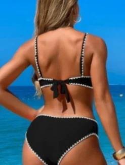 Women's Swimwear Bikini 2 Piece Cheeky Swimsuit Backless Slim Vacation Beach Wear Solid Color V Neck Sleeveless Bathing Suits