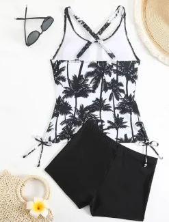 Women's Swimwear Bikini 2 Piece Boy Leg Swimsuit Backless Slim Vacation Beach Wear Graphic U Neck Sleeveless Bathing Suits