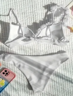 Women's Swimwear Bikini 2 Piece Cheeky Swimsuit Backless Slim 3D Floral Vacation Beach Wear Solid Color V Neck Sleeveless Bathing Suits