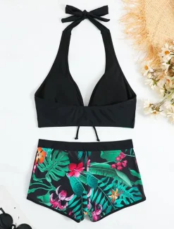 Women's Swimwear Bikini 2 Piece Boy Leg Swimsuit Backless High Waist Slim Vacation Beach Wear Graphic Halter Neck Sleeveless Bathing Suits