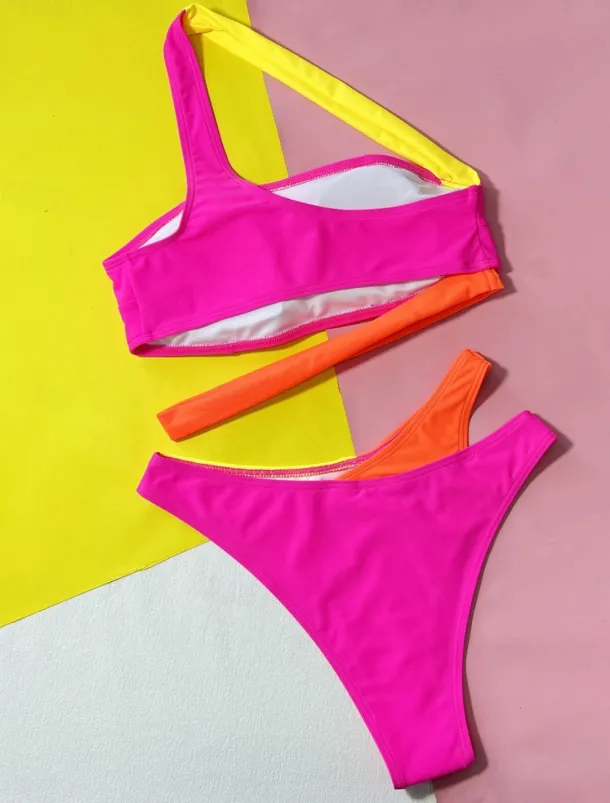 Women's Swimwear Bikini 2 Piece Cheeky Swimsuit Backless Slim Vacation Beach Wear Color Block Asymmetric Neck Sleeveless Bathing Suits