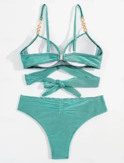 Women's Swimwear Bikini 2 Piece Cheeky Swimsuit Backless Slim Vacation Beach Wear Stripe V Neck Sleeveless Bathing Suits