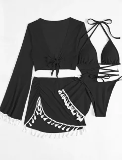 Women's Swimwear Bikini Cheeky Swimsuit Backless Slim Fringe Vacation Beach Wear Solid Color Halter Neck Long Sleeve Bathing Suits