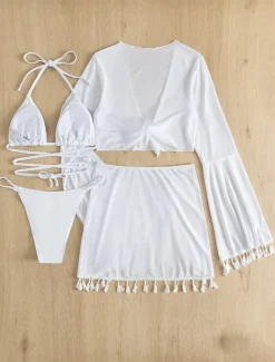 Women's Swimwear Bikini Cheeky Swimsuit Backless Slim Fringe Vacation Beach Wear Solid Color Halter Neck Long Sleeve Bathing Suits