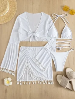 Women's Swimwear Bikini Cheeky Swimsuit Backless Slim Fringe Vacation Beach Wear Solid Color Halter Neck Long Sleeve Bathing Suits