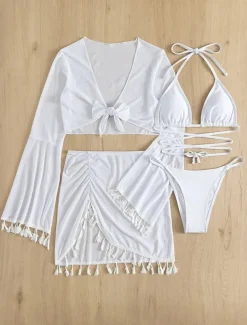 Women's Swimwear Bikini Cheeky Swimsuit Backless Slim Fringe Vacation Beach Wear Solid Color Halter Neck Long Sleeve Bathing Suits