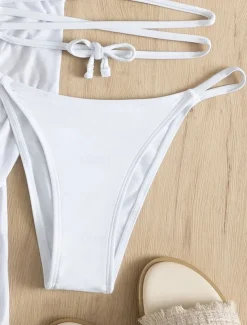 Women's Swimwear Bikini Cheeky Swimsuit Backless Slim Fringe Vacation Beach Wear Solid Color Halter Neck Long Sleeve Bathing Suits