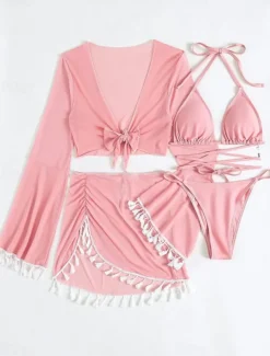 Women's Swimwear Bikini Cheeky Swimsuit Backless Slim Fringe Vacation Beach Wear Solid Color Halter Neck Long Sleeve Bathing Suits