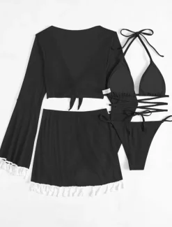 Women's Swimwear Bikini Cheeky Swimsuit Backless Slim Fringe Vacation Beach Wear Solid Color Halter Neck Long Sleeve Bathing Suits