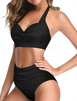 Women's Swimwear Bikini Shorts Swimsuit Halter 2 Piece Criss Cross Stylish Push Up Plain Sleeveless Bathing Suits