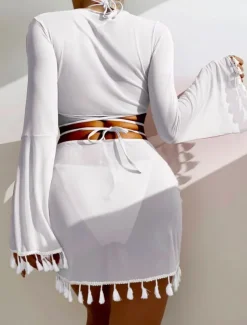 Women's Swimwear Bikini Skirt Swimsuit Backless Slim Vacation Beach Wear Solid Color Halter Neck Sleeveless Long Sleeve Bathing Suits