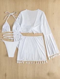 Women's Swimwear Bikini Skirt Swimsuit Backless Slim Vacation Beach Wear Solid Color Halter Neck Sleeveless Long Sleeve Bathing Suits