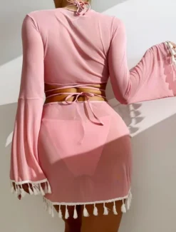 Women's Swimwear Bikini Skirt Swimsuit Backless Slim Vacation Beach Wear Solid Color Halter Neck Sleeveless Long Sleeve Bathing Suits