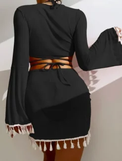 Women's Swimwear Bikini Skirt Swimsuit Backless Slim Vacation Beach Wear Solid Color Halter Neck Sleeveless Long Sleeve Bathing Suits