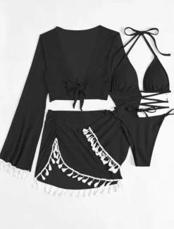 Women's Swimwear Bikini Skirt Swimsuit Backless Slim Vacation Beach Wear Solid Color Halter Neck Sleeveless Long Sleeve Bathing Suits