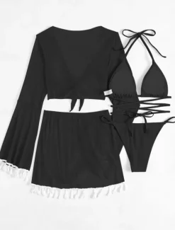 Women's Swimwear Bikini Skirt Swimsuit Backless Slim Vacation Beach Wear Solid Color Halter Neck Sleeveless Long Sleeve Bathing Suits