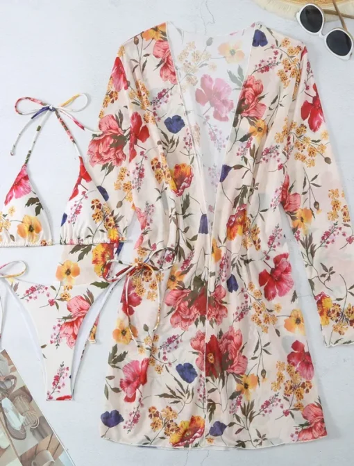 Women's Swimwear Bikini Three Piece Rash Guard Cheeky Swimsuit Backless Slim Vacation Beach Wear Floral Halter Neck Long Sleeve Bathing Suits