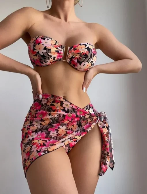 Women's Swimwear Bikini Three Piece Skirt Swimsuit Backless Slim Vacation Beach Wear Floral Strapless Sleeveless Bathing Suits