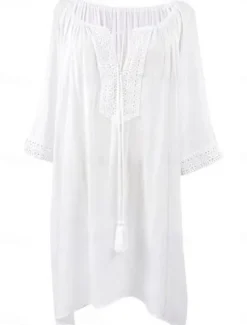 Women's Swimwear Cover Up Beach Dresses Swimsuit Tie Front Vacation Beach Wear Solid Color V Neck Long Sleeve