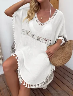 Women's Swimwear Cover Up Swim Dress Swimsuit Fringe Vacation Beach Wear Solid Color V Neck Short Sleeves Bathing Suits