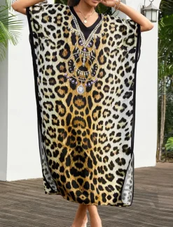 Women's Swimwear Cover Up Swimsuit UV Protection Vacation Beach Wear Graphic Leopard Round Neck Short Sleeves Bathing Suits