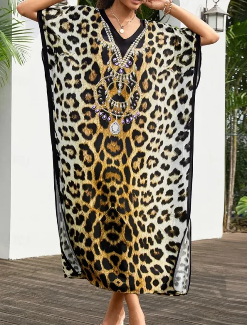 Women's Swimwear Cover Up Swimsuit UV Protection Vacation Beach Wear Graphic Leopard Round Neck Short Sleeves Bathing Suits
