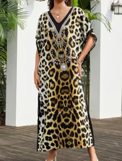 Women's Swimwear Cover Up Swimsuit UV Protection Vacation Beach Wear Graphic Leopard Round Neck Short Sleeves Bathing Suits