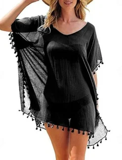 Women's Swimwear Cover Up Beach Dresses Swimsuit Vacation Fashion Solid Color Short Sleeves