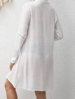 Women's Swimwear Cover Up Beach Dresses Swimsuit Buttons Vacation Beach Wear Solid Color V Neck Long Sleeve