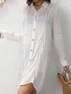 Women's Swimwear Cover Up Beach Dresses Swimsuit Buttons Vacation Beach Wear Solid Color V Neck Long Sleeve