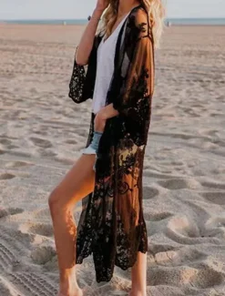 Women's Swimwear Cover Up Swimsuit Patchwork Vacation Beach Wear Plain Long Sleeve Bathing Suits
