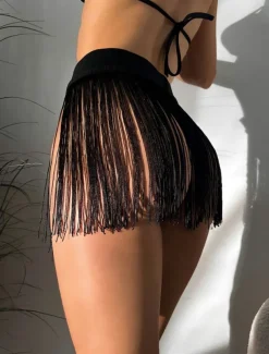 Women's Swimwear Cover Up Swimsuit Fringe Vacation Beach Wear Solid Color Sleeveless Bathing Suits