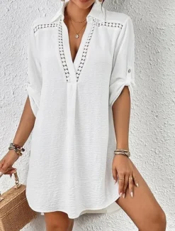 Women's Swimwear Cover Up Beach Dresses Swimsuit Vacation Beach Wear Solid Color Long Sleeve