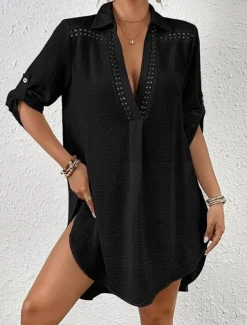 Women's Swimwear Cover Up Beach Dresses Swimsuit Vacation Beach Wear Solid Color Long Sleeve