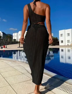 Women's Swimwear Cover Up Swim Dress Swimsuit Cut Out Vacation Beach Wear Solid Color Asymmetric Neck Sleeveless Bathing Suits
