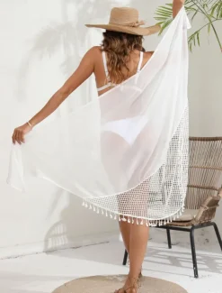 Women's Swimwear Cover Up wrap Swimsuit Fringe Vacation Beach Wear Solid Color Sleeveless Bathing Suits