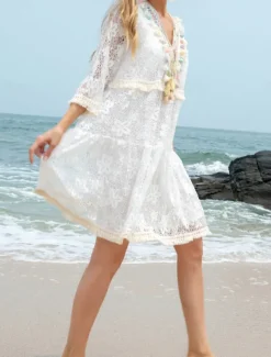 Women's Swimwear Cover Up Beach Dresses Swimsuit Lace Cut Out Vacation Beach Wear Plain Long Sleeve