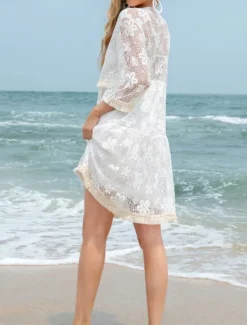 Women's Swimwear Cover Up Beach Dresses Swimsuit Lace Cut Out Vacation Beach Wear Plain Long Sleeve
